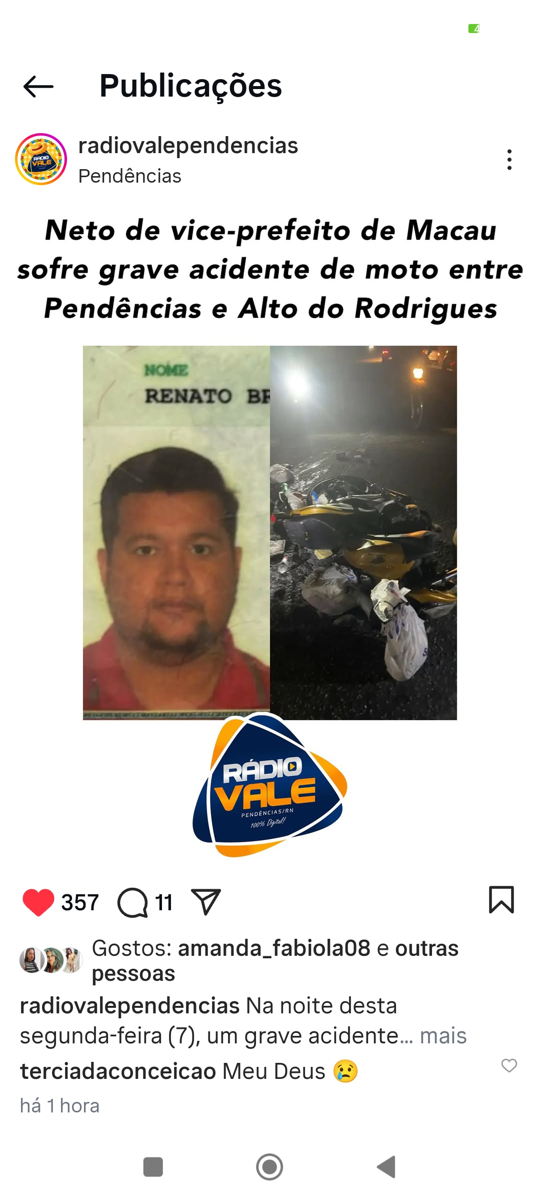 NETO DE VICE PREFEITO DE MACAU SOFRE UM GRAVE ACIDENTE DE MOTO ENTRES PENDÊNCIAS - ALTOS DO RODRIGUES