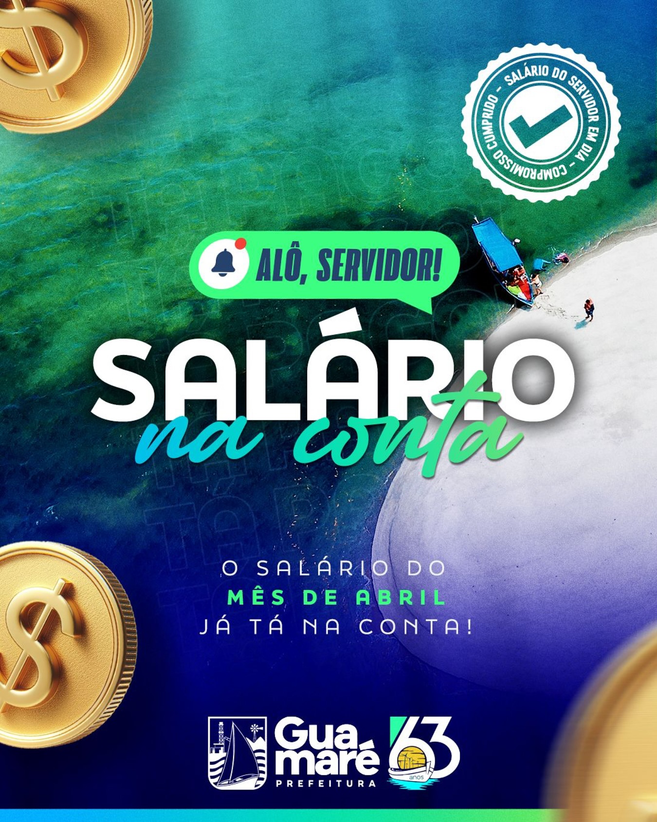 Alô, servidor!    salário de abril já está sendo depositado nas contas.